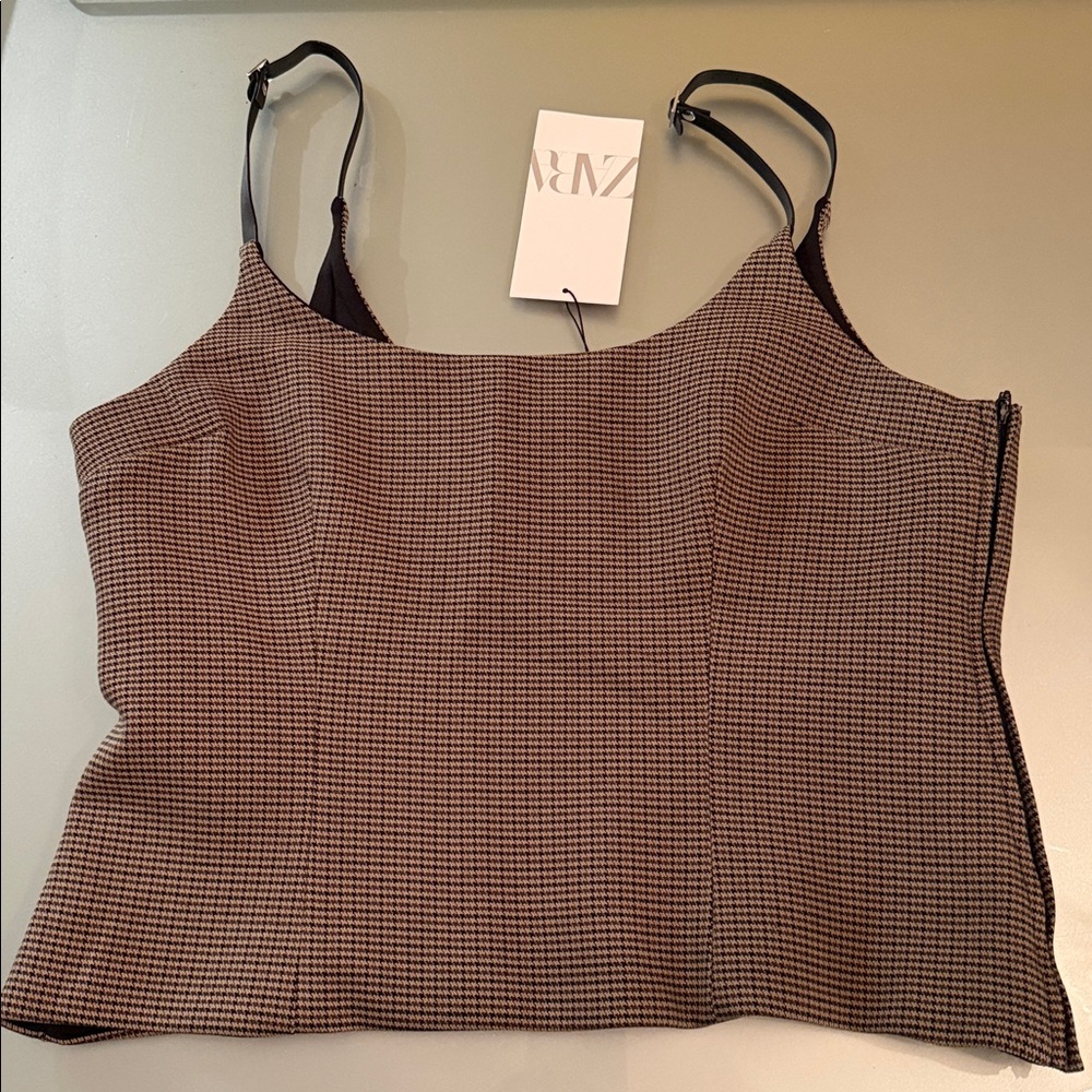 Zara NWT Brown Houndstooth leather buckle strap Women's Top Sz.L